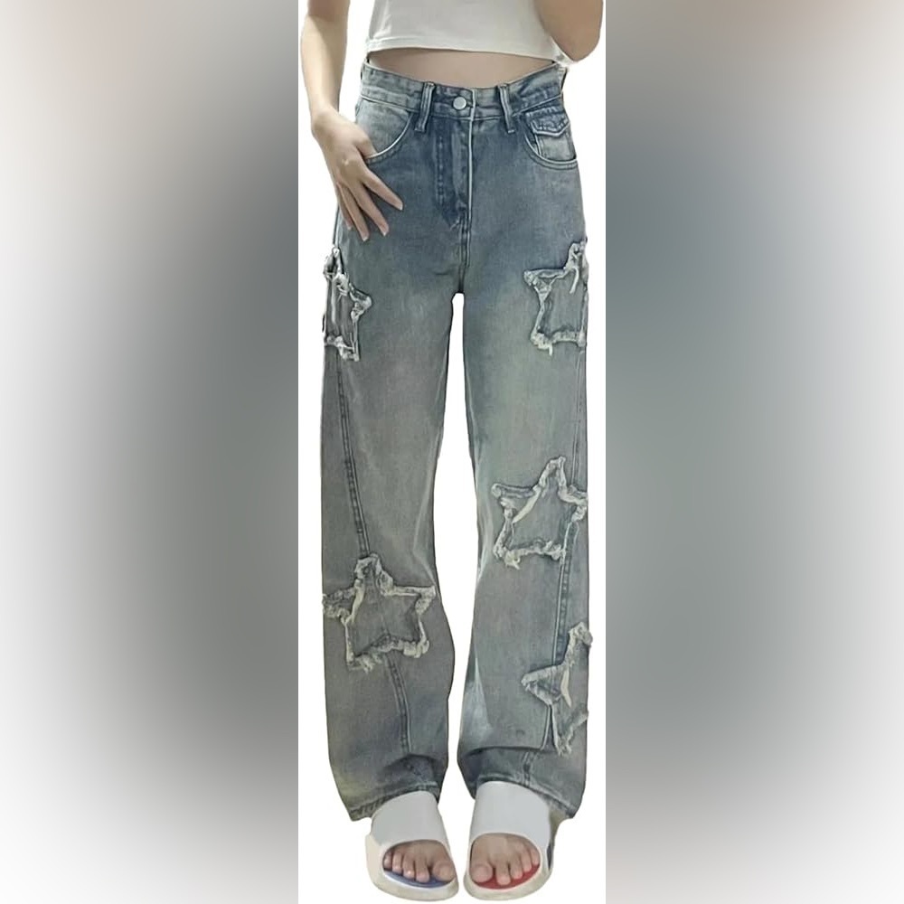 Women Loose Fit Boyfriend Jeans Baggy Y2K Straight Leg Star Patchwork Size Small - Picture 3 of 11